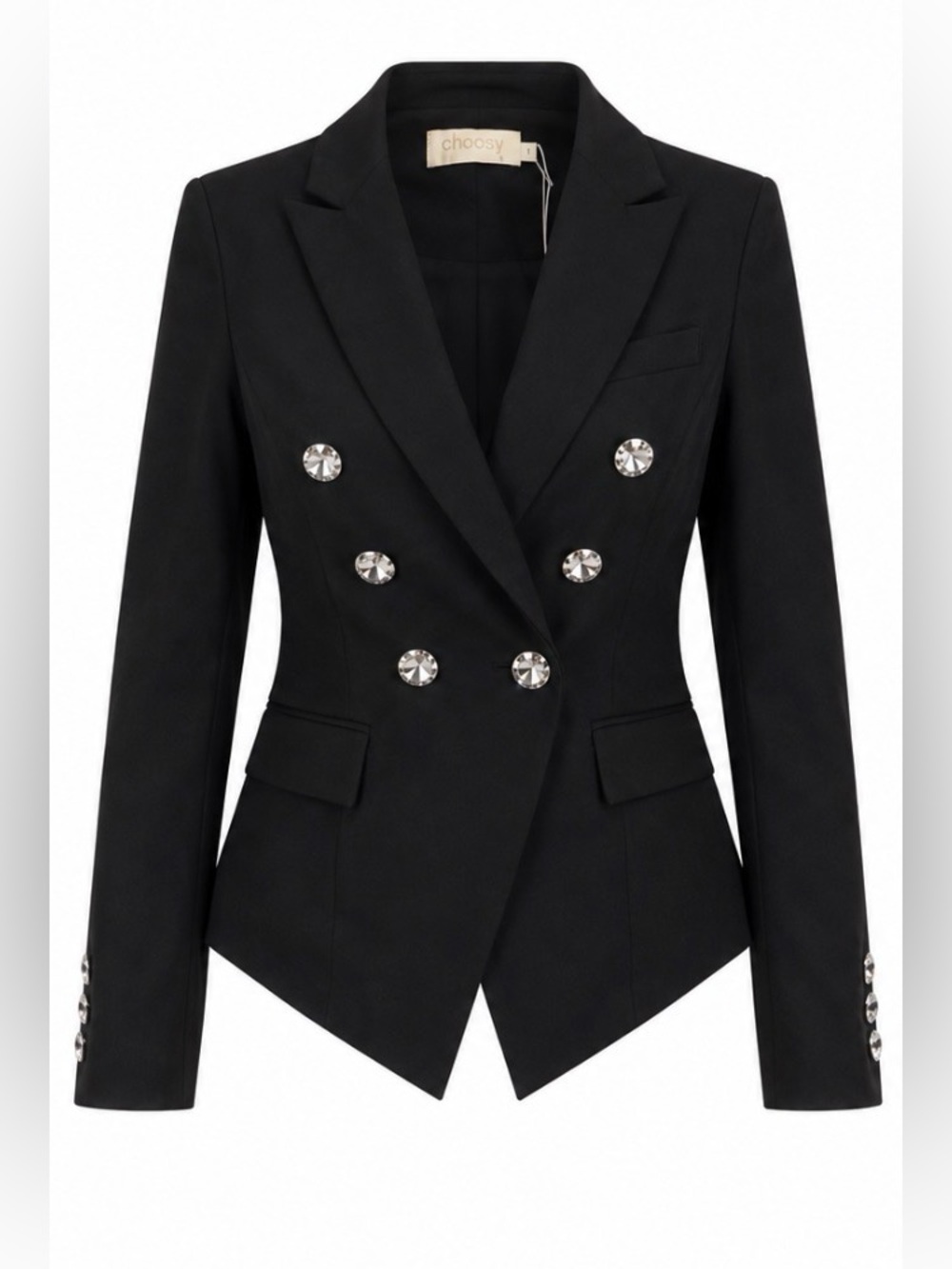 Black Crystal Button Double Breasted Cropped Blazer Structured Notch Collar NEW